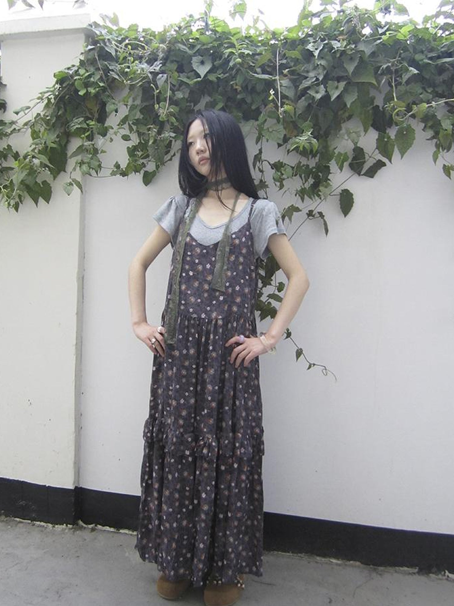 ang project V-Neck Floral Print Smocked Maxi Slip Dress In Boho Style