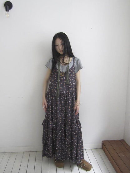 ang project V-Neck Floral Print Smocked Maxi Slip Dress In Boho Style