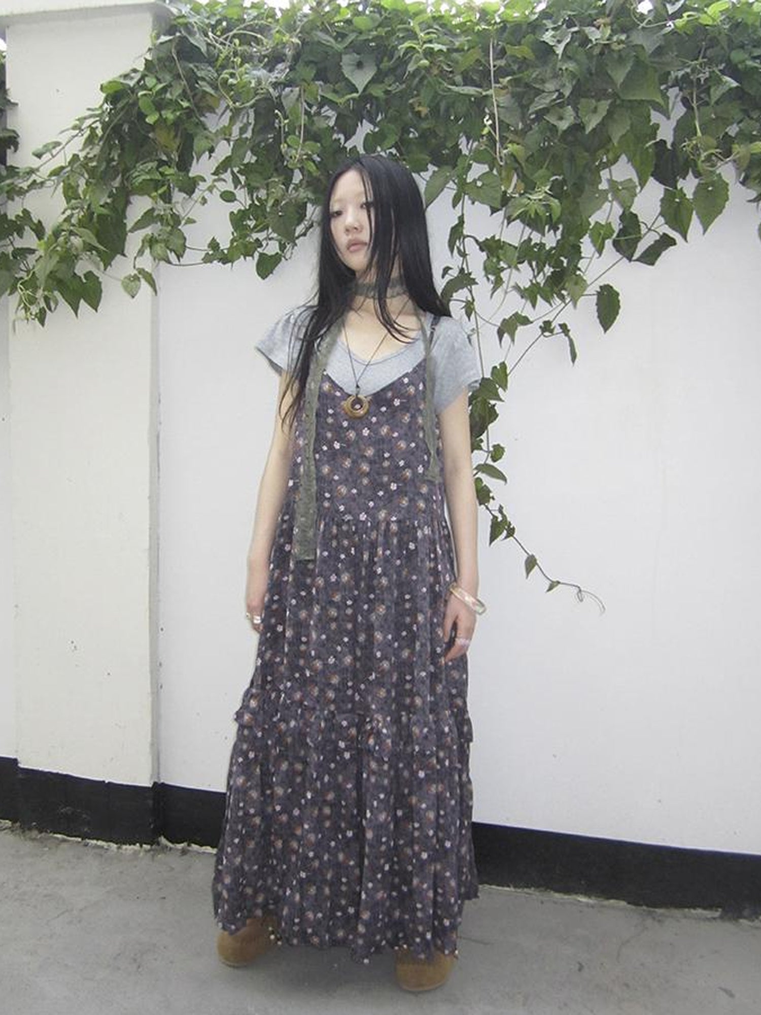 ang project V-Neck Floral Print Smocked Maxi Slip Dress In Boho Style