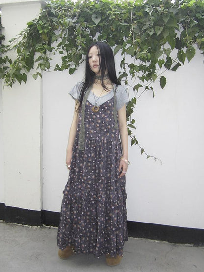 ang project V-Neck Floral Print Smocked Maxi Slip Dress In Boho Style