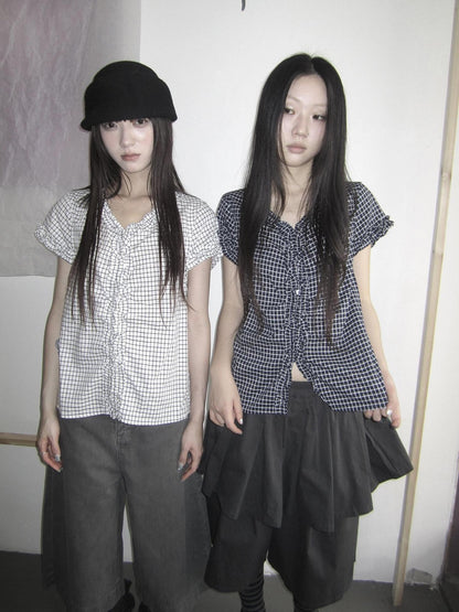 ang project V-neck Ruffle Trim Buttoned Gingham Cropped Puff Sleeve Women&