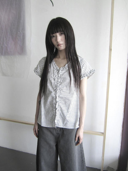 ang project V-neck Ruffle Trim Buttoned Gingham Cropped Puff Sleeve Women&
