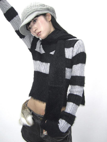 ang project V-neck Striped Knit Sweater Slim Fit Set
