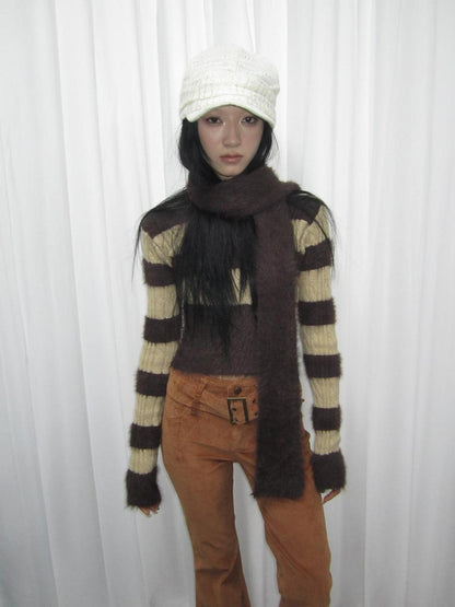 ang project V-neck Striped Knit Sweater Slim Fit Set