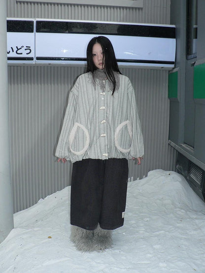 ang project Vertical Stripe Toggle Button Fuzzy Lined Women&