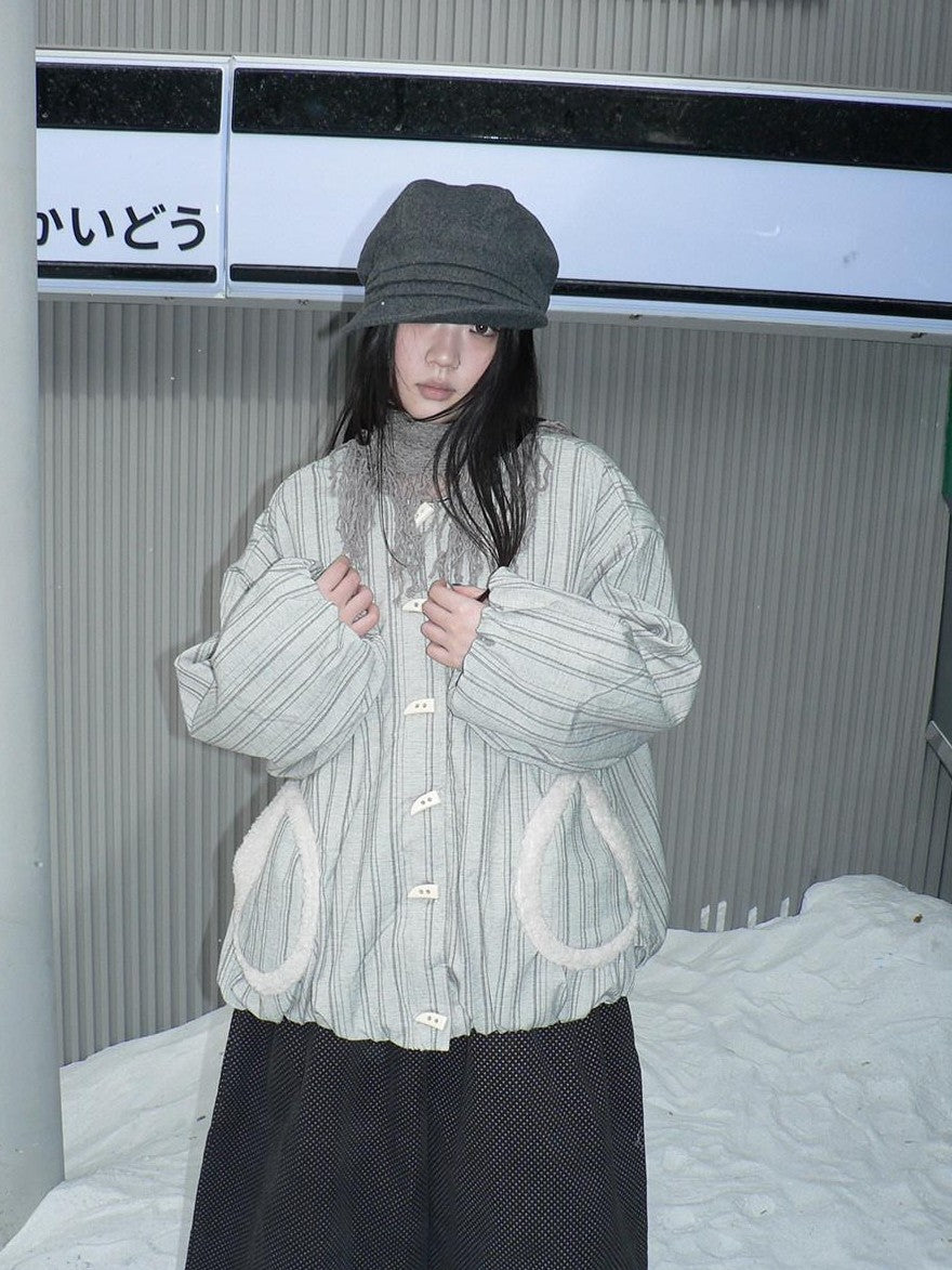 ang project Vertical Stripe Toggle Button Fuzzy Lined Women&