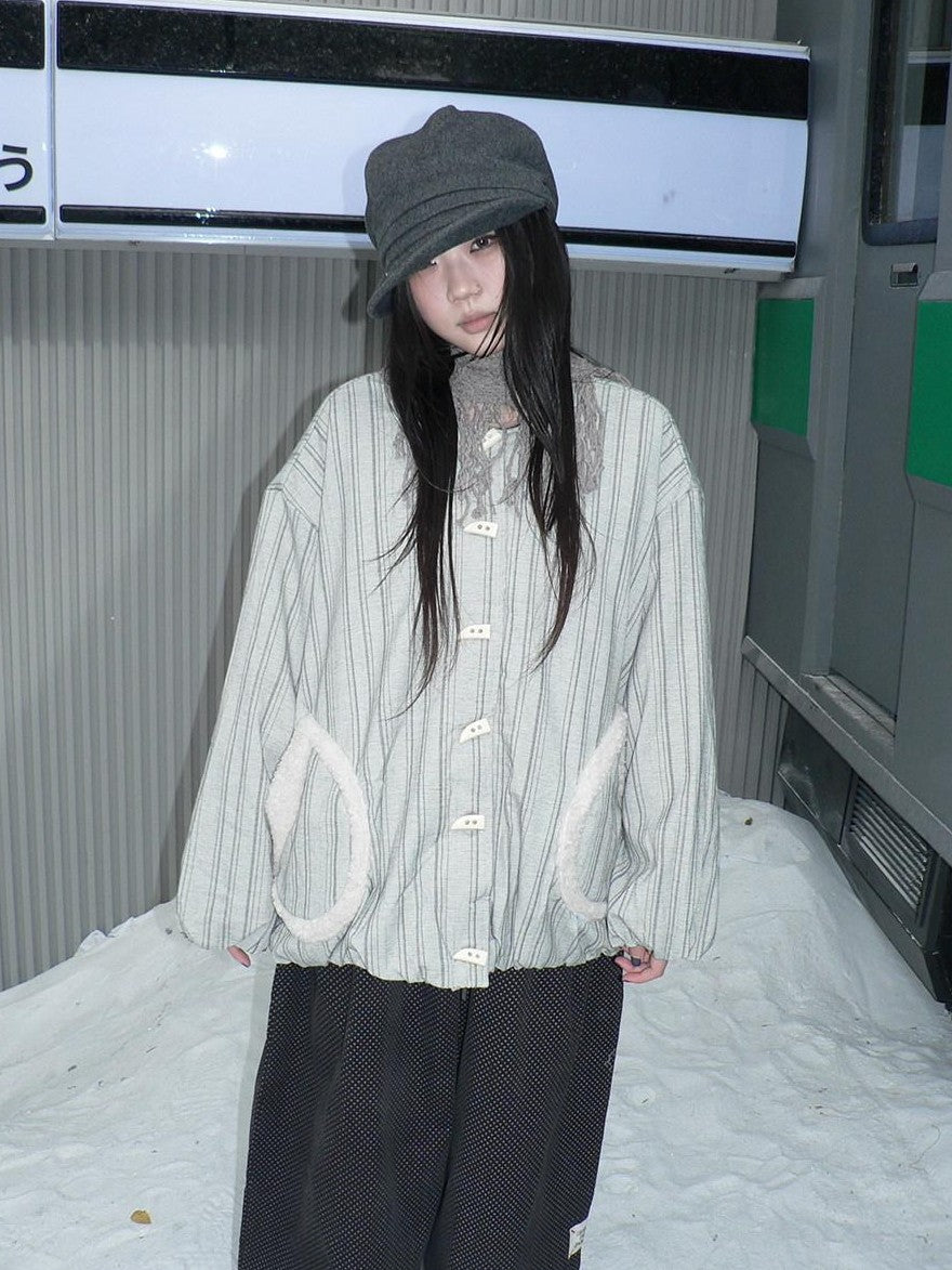 ang project Vertical Stripe Toggle Button Fuzzy Lined Women&