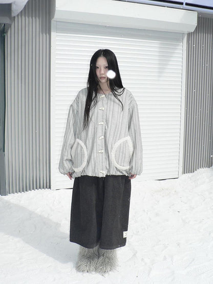 ang project Vertical Stripe Toggle Button Fuzzy Lined Women&