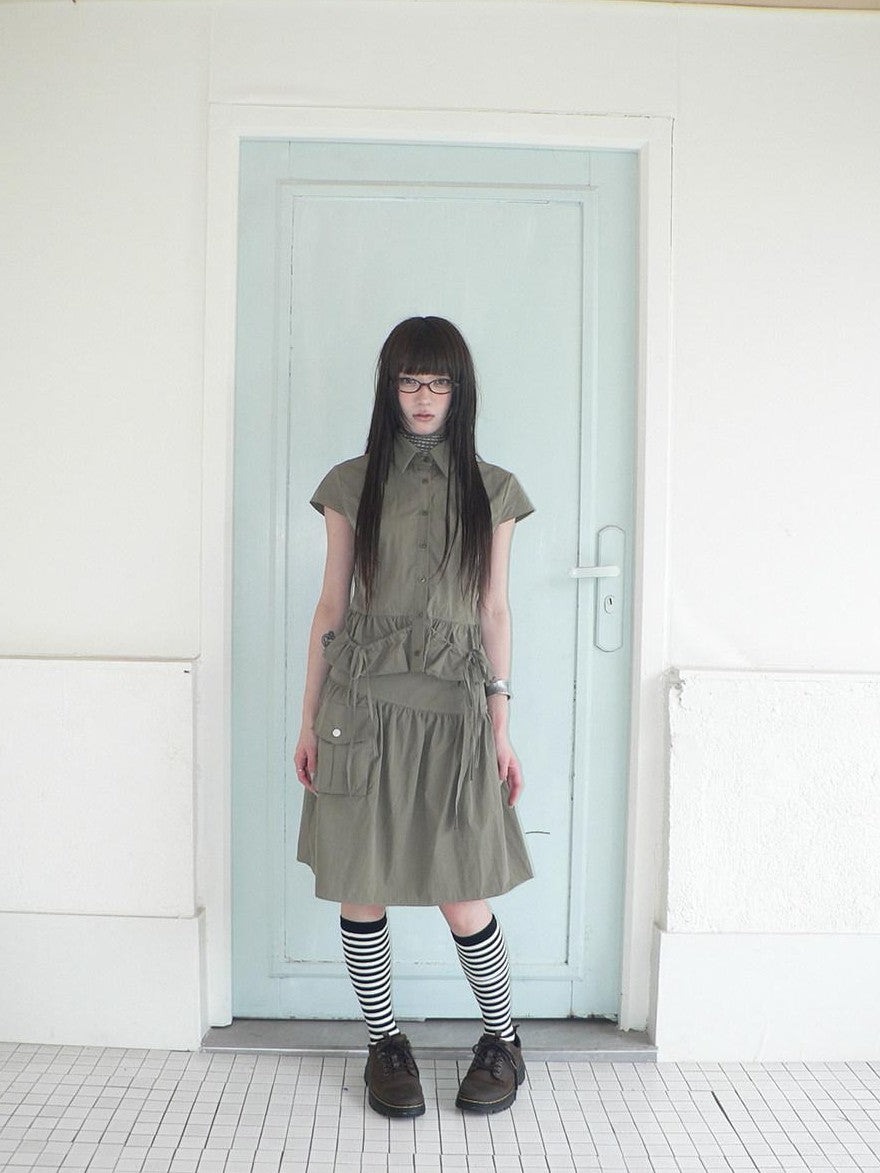 ang project Vintage 3D Pocket Single Breasted Button A Line Khaki Women&