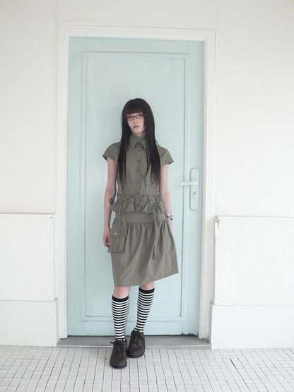 ang project Vintage 3D Pocket Single Breasted Button A Line Khaki Women&