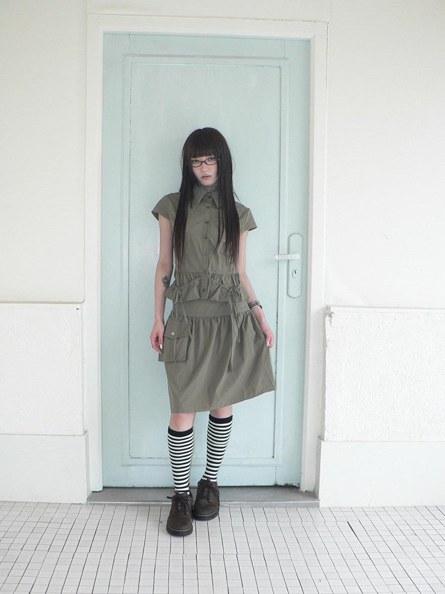 ang project Vintage 3D Pocket Single Breasted Button A Line Khaki Women&