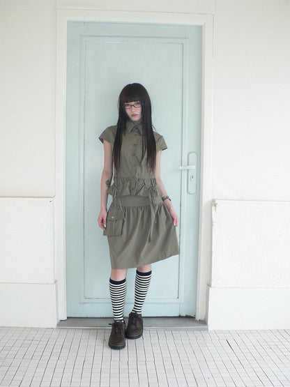 ang project Vintage 3D Pocket Single Breasted Button A Line Khaki Women&