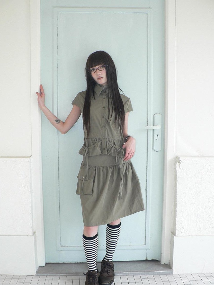 ang project Vintage 3D Pocket Single Breasted Button A Line Khaki Women&
