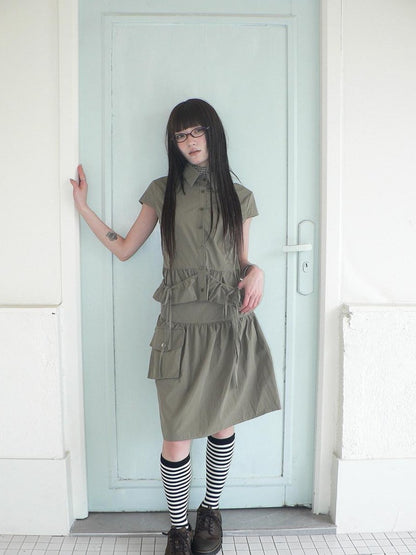ang project Vintage 3D Pocket Single Breasted Button A Line Khaki Women&