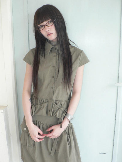 ang project Vintage 3D Pocket Single Breasted Button A Line Khaki Women&