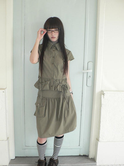 ang project Vintage 3D Pocket Single Breasted Button A Line Khaki Women&