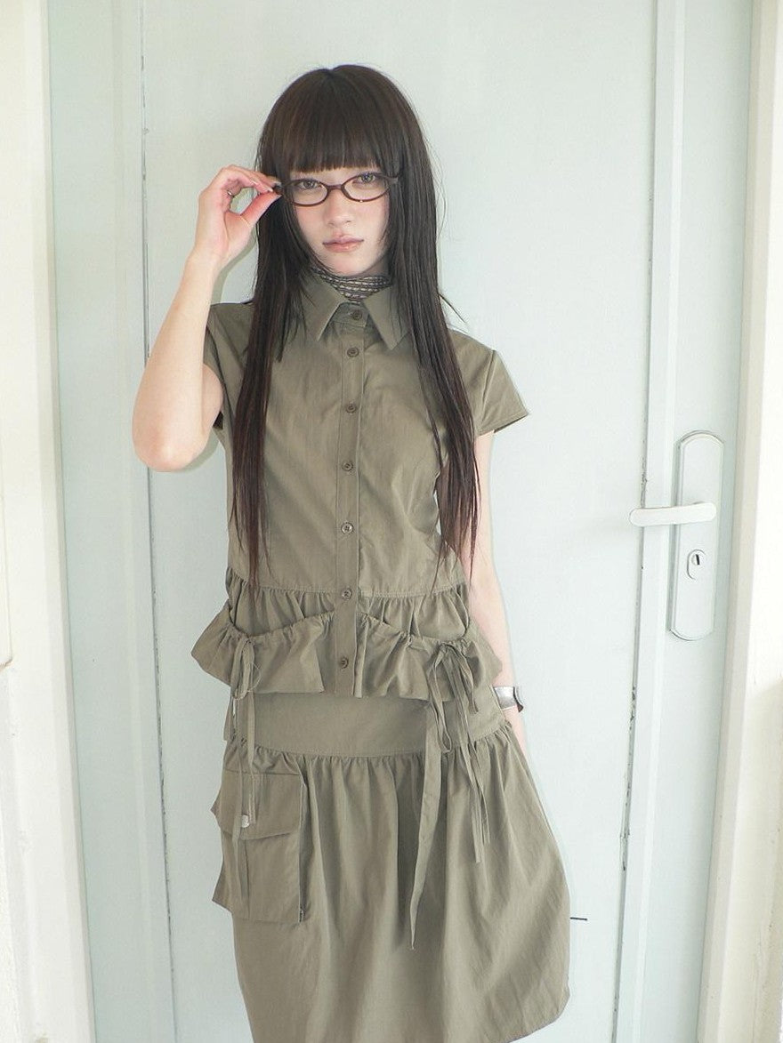 ang project Vintage 3D Pocket Single Breasted Button A Line Khaki Women&