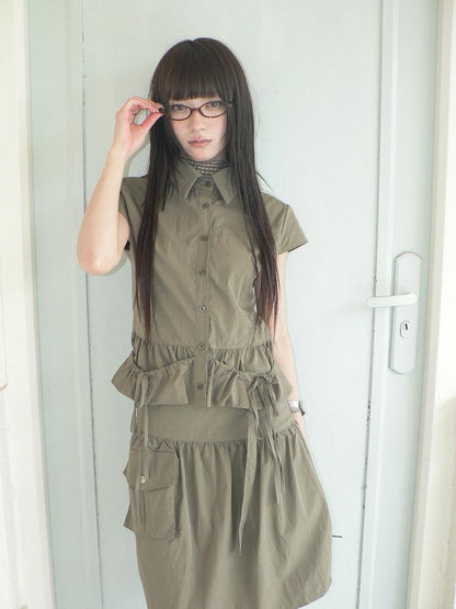 ang project Vintage 3D Pocket Single Breasted Button A Line Khaki Women&