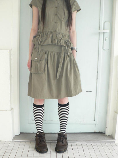 ang project Vintage 3D Pocket Single Breasted Button A Line Khaki Women&