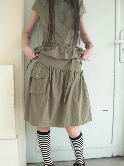ang project Vintage 3D Pocket Single Breasted Button A Line Khaki Women&