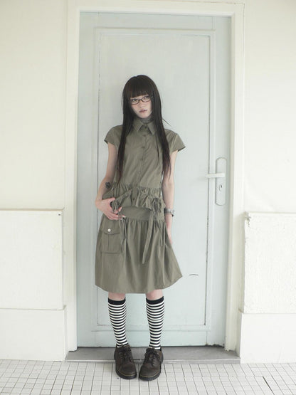 ang project Vintage 3D Pocket Single Breasted Button A Line Khaki Women&