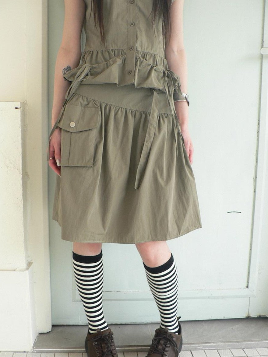 ang project Vintage 3D Pocket Single Breasted Button A Line Khaki Women&