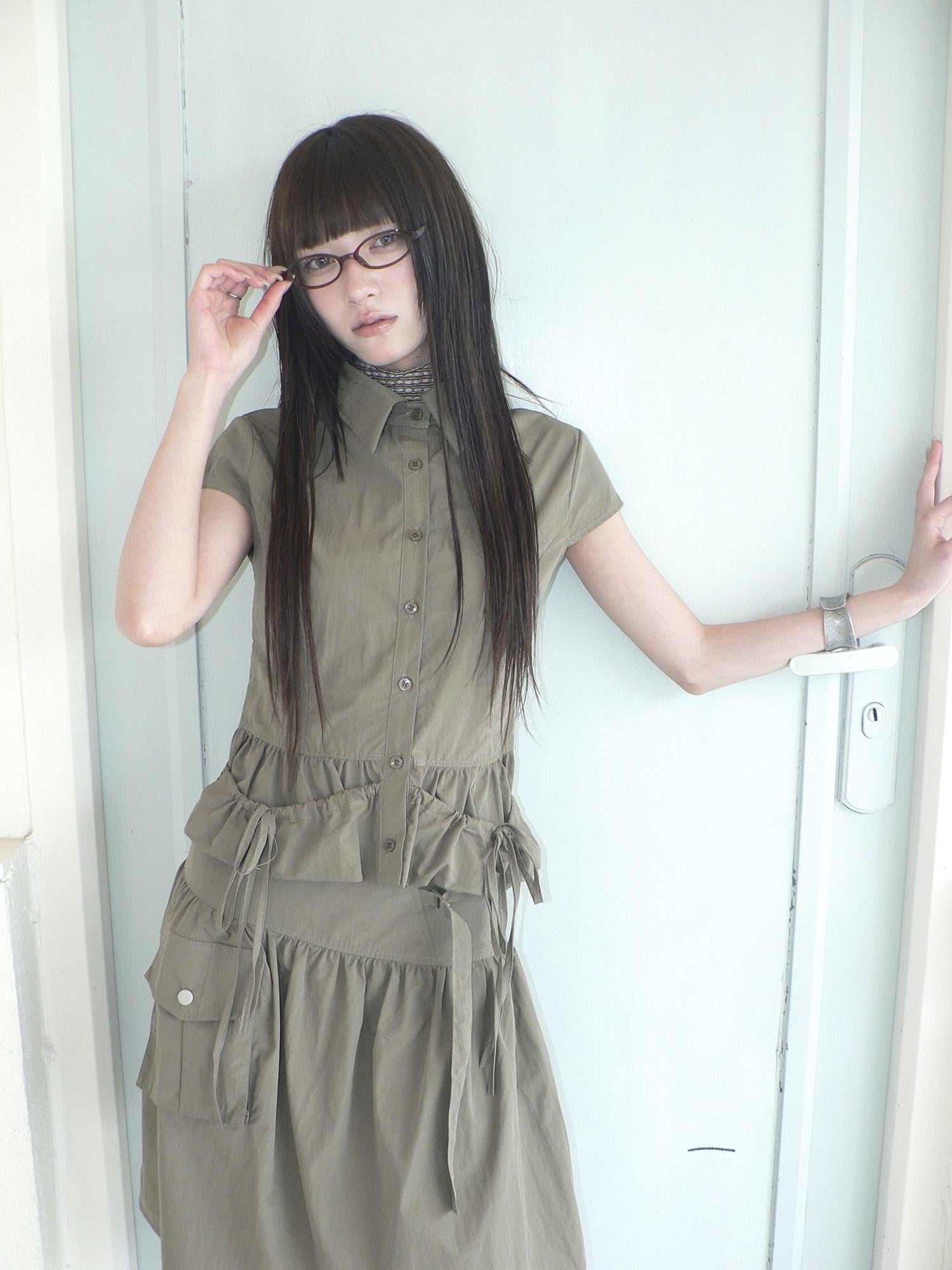 ang project Vintage 3D Pocket Single Breasted Button A Line Khaki Women&