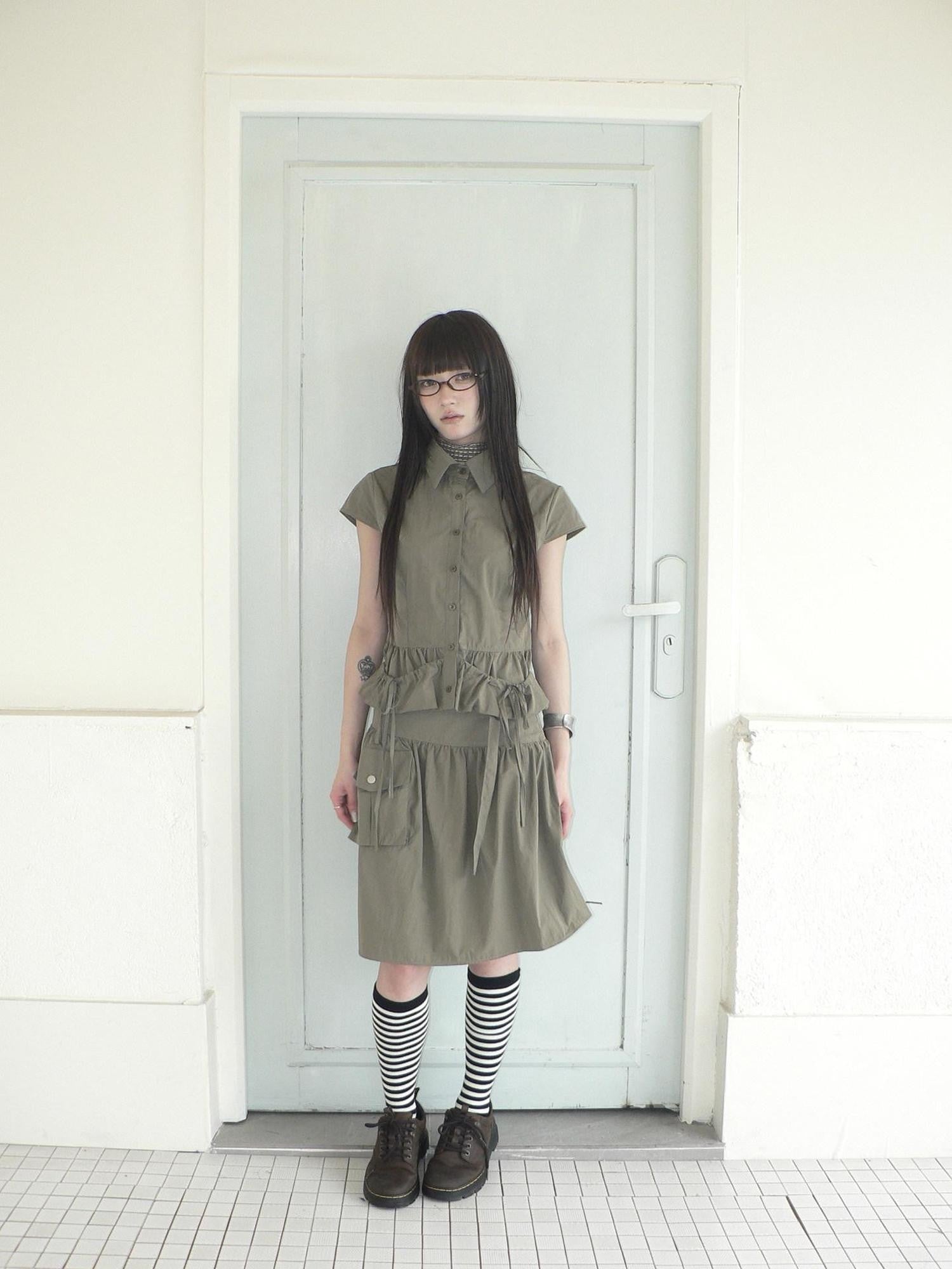 ang project Vintage 3D Pocket Single Breasted Button A Line Khaki Women&