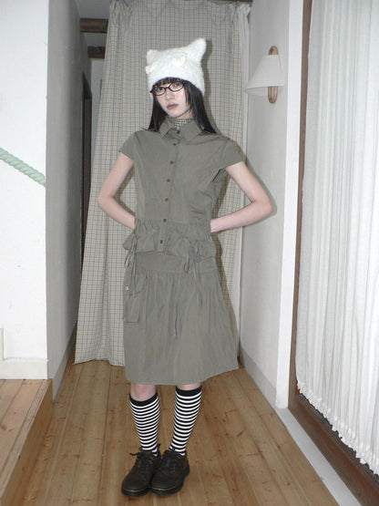 ang project Vintage 3D Pocket Single Breasted Button A Line Khaki Women&