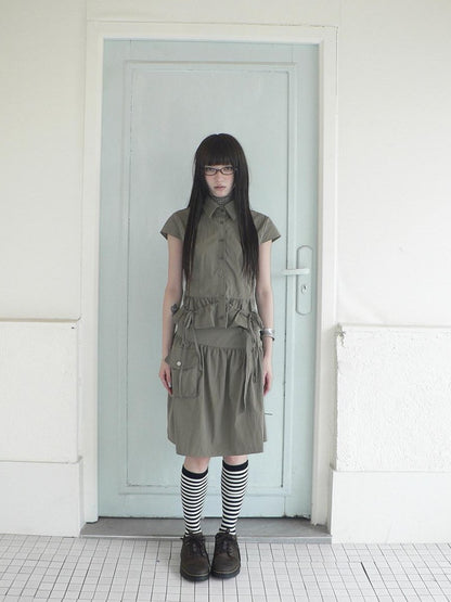 ang project Vintage 3D Pocket Single Breasted Button A Line Khaki Women&