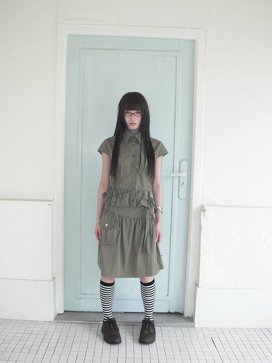 ang project Vintage 3D Pocket Single Breasted Button A Line Khaki Women&