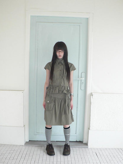 ang project Vintage 3D Pocket Single Breasted Button A Line Khaki Women&