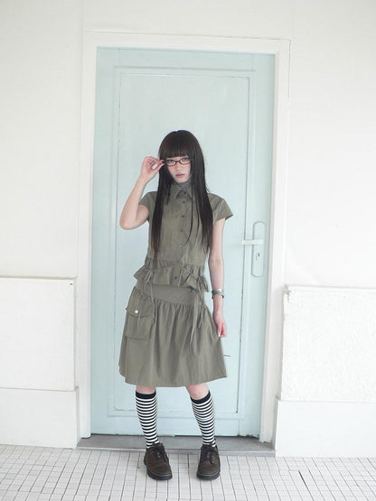 ang project Vintage 3D Pocket Single Breasted Button A Line Khaki Women&