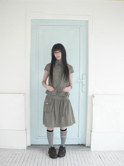 ang project Vintage 3D Pocket Single Breasted Button A Line Khaki Women&