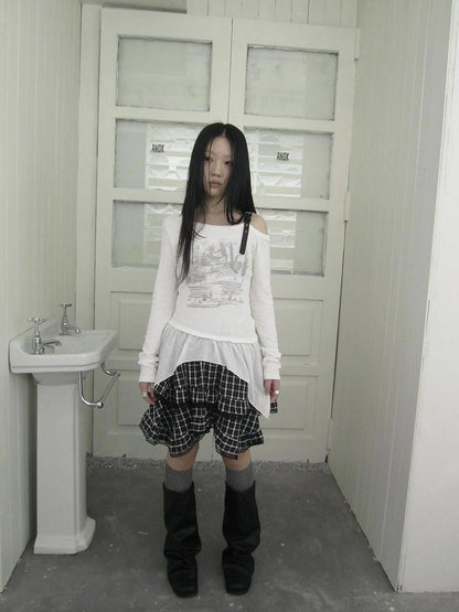 ang project Vintage Asymmetric Hem Print Long Sleeve Tee T-shirt