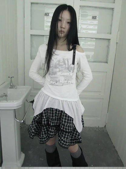 ang project Vintage Asymmetric Hem Print Long Sleeve Tee T-shirt