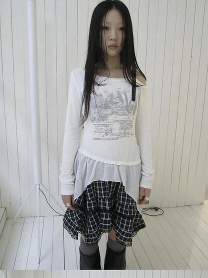 ang project Vintage Asymmetric Hem Print Long Sleeve Tee T-shirt