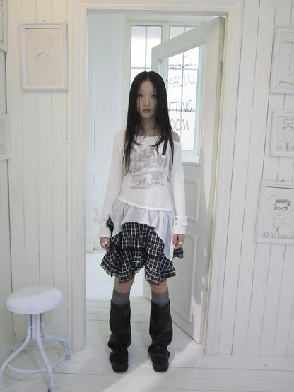 ang project Vintage Asymmetric Hem Print Long Sleeve Tee T-shirt