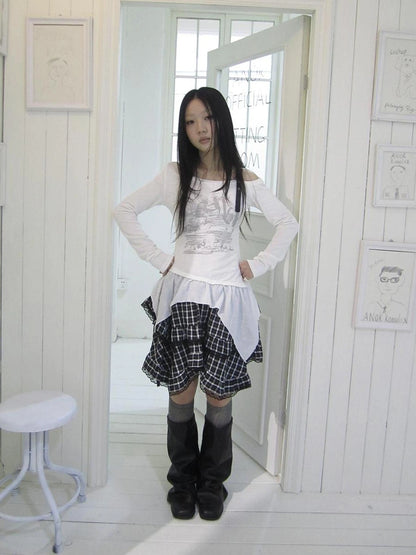 ang project Vintage Asymmetric Hem Print Long Sleeve Tee T-shirt