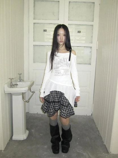 ang project Vintage Asymmetric Hem Print Long Sleeve Tee T-shirt