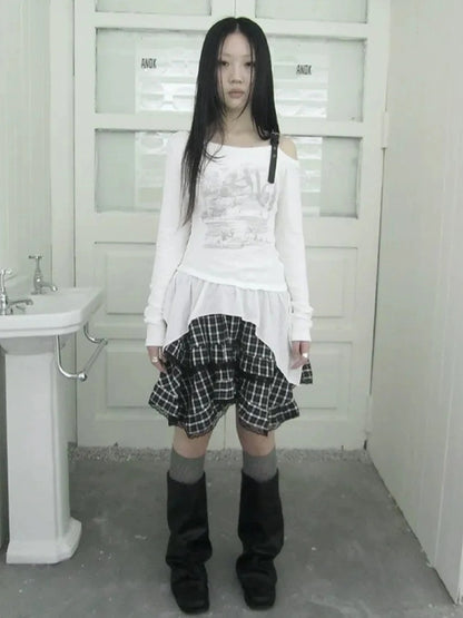 ang project Vintage Asymmetric Hem Print Long Sleeve Tee T-shirt