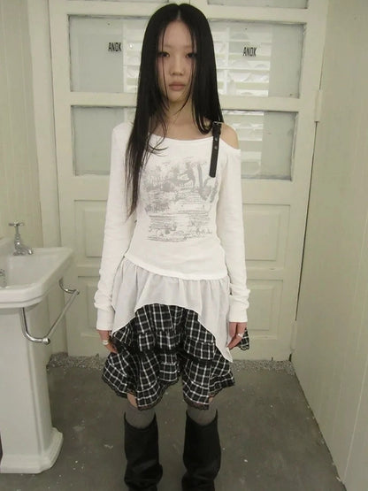 ang project Vintage Asymmetric Hem Print Long Sleeve Tee T-shirt