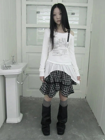 ang project Vintage Asymmetric Hem Print Long Sleeve Tee T-shirt