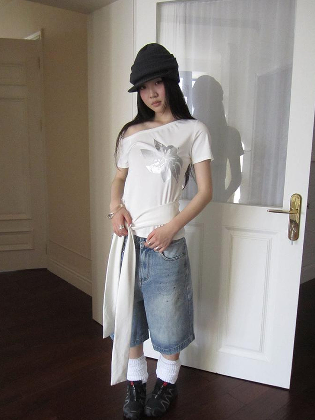 Updateang project Vintage Asymmetric Print Waist Tie Stretch Tee