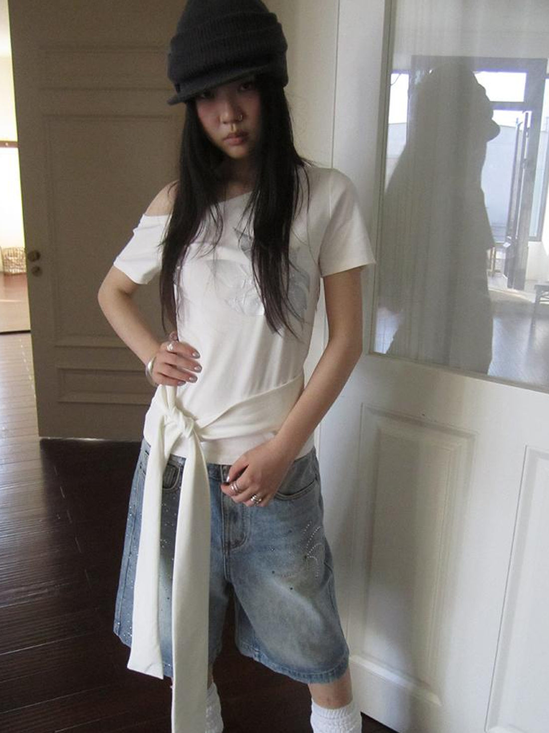 Updateang project Vintage Asymmetric Print Waist Tie Stretch Tee