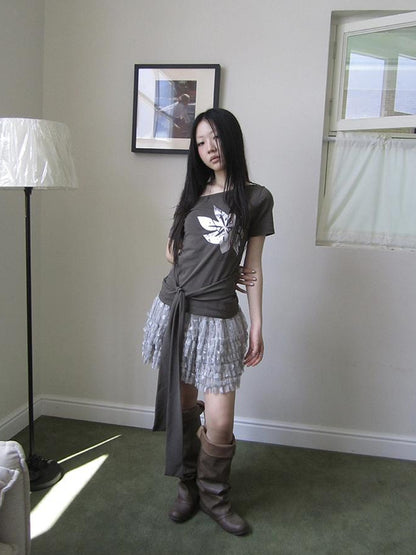 Updateang project Vintage Asymmetric Print Waist Tie Stretch Tee