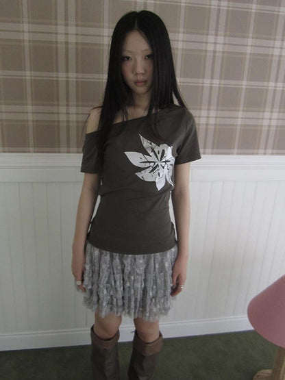 Updateang project Vintage Asymmetric Print Waist Tie Stretch Tee