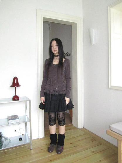 ang project Vintage Black Lace Trim A Line Skirt With Elastic Waist