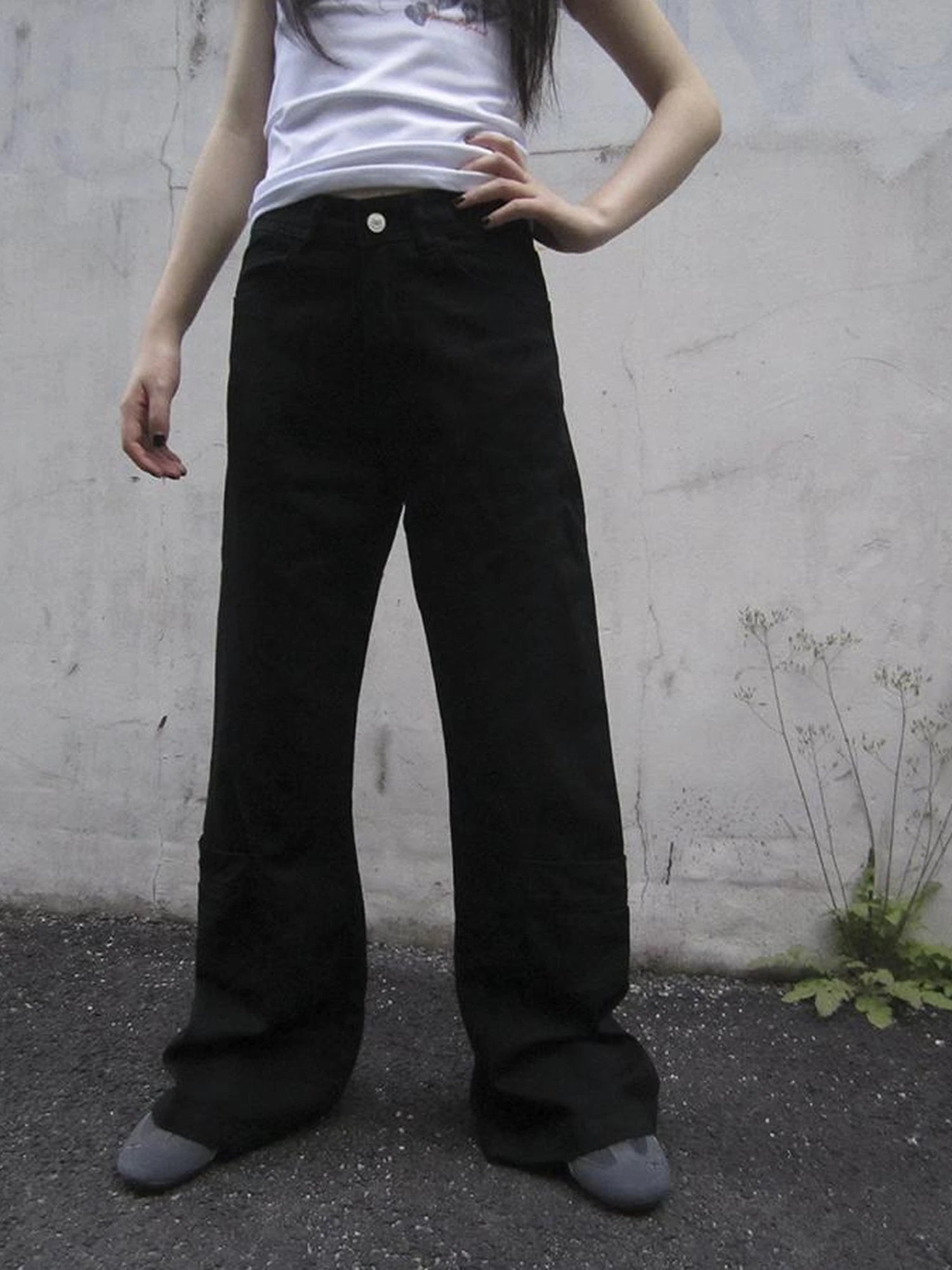 Vintage Black Washed High Waisted Wide Leg Flare Jeans