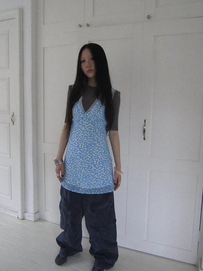 ang project Vintage Blue Floral V Neck Sundress